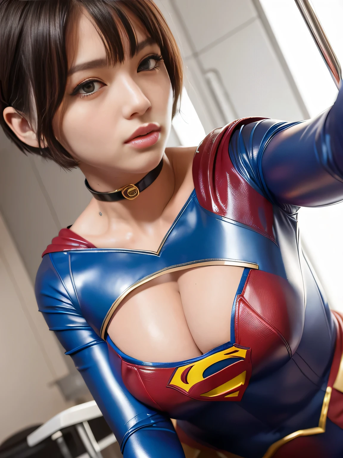 masterpiece、Enamel Supergirl Costume、Short Hair、Hospital operating table、Crisis situation、Big and ample breasts、looking at the camera、Shiny、Off the shoulder、choker、Long sleeve、exy poses to seduce、Sweaty、Model Body Type、Alluring、charm、Enchanting、Abused、test subject、victim、Wild、Photorealistic、latex、
