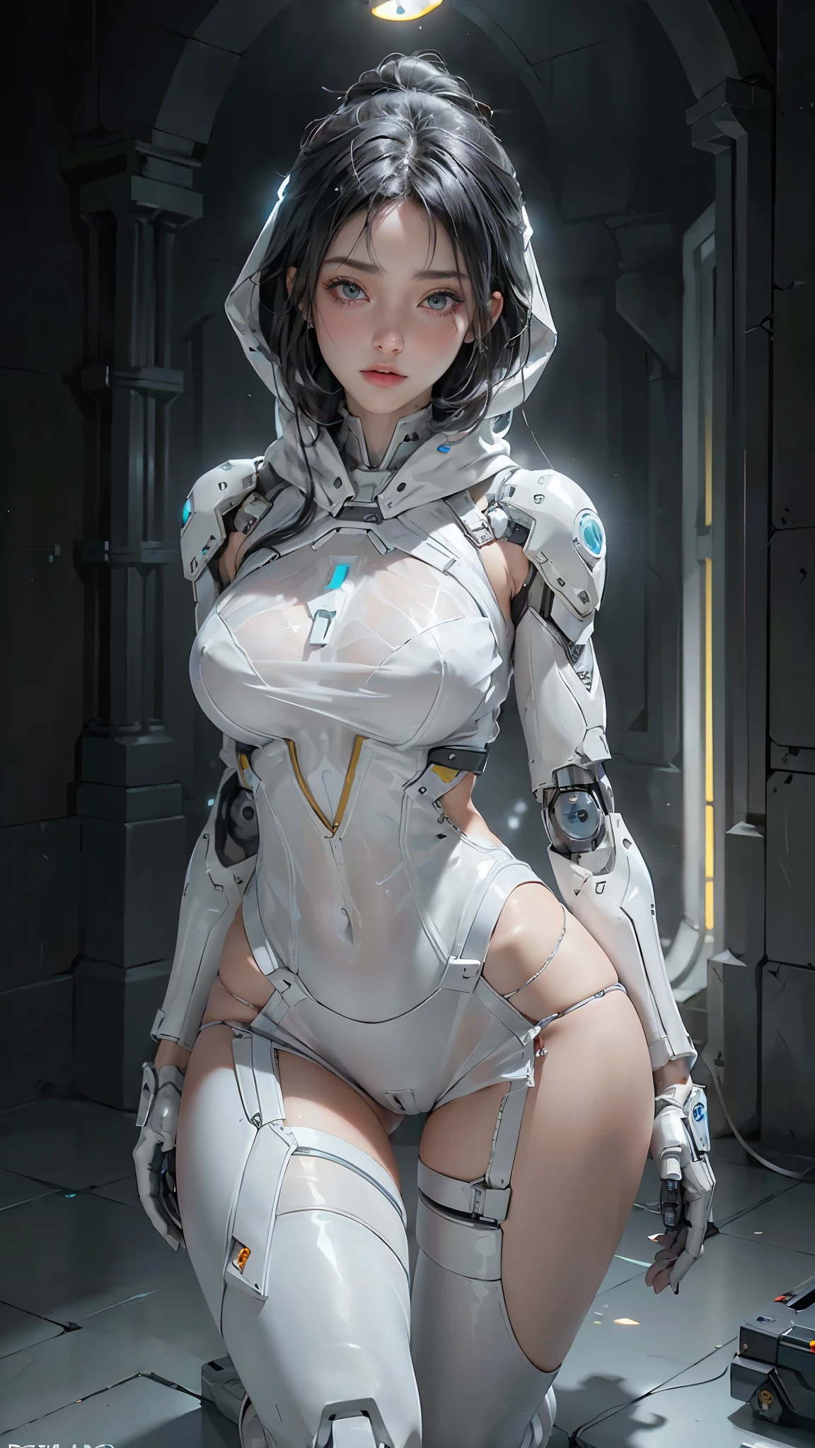 ((Of the highest quality)), ((obra maestra)), (detalle:1.4), (Translucent white material with mechanical parts and transparent skin and beautiful cyborg woman in cyber suit made of gray carbon material:1.4 ), (((Pale brightness with LEDs))), ((pecho abierto)), Piel de las caderas y los muslos, Teletipo (high dynamic range),,(Fondo de ruinas de mazmorra en ruinas piedras grandes :1.4 ) Trazado de rayos, NVIDIA RTX, Super resolution, Textured PBR subsurface dispersion, Post-procesamiento, Anisotropy filtering, Profundidad de campos, Sombreado de superficies, Accurate light simulation/Interacciones materiales, proporciones perfectas, two color lighting, amplia apertura, ISO bajo, balance de blancos, 8K, (((Cameltoe))), NSFW, (((mujer alta))), 25 year old woman, Cyber helmet with bright and dull LEDs, hasta la rodilla, protuberancia, swollen , ((Cyber hood with dull and bright LEDs)), Postura abierta, Disparo de vaquero, Piel de las caderas y los muslos, hermoso cuerpo, Ombligo visible en la piel desnuda, Pecho para sentir la gravedad, (pechoses: 1.3), (trasero gigantesco: 1.0), Espacio sencillo y minimalista, Poses sexys natura, Mirando hacia abajo, Pelo sobre un ojo, (((hermoso cabello muy largo))), (((cabello purpura))), (((Independencia del color del cabello))),motor irreal:1.4,HD,La mejor calidad:1.4, fotorrealista:1.4, textura de la piel:1.4, obra maestra:1.8,(face detailed :1.4), (perfect anatomy :1.4), ,(Fondo de ruinas de mazmorra en ruinas:1.4 ), (colores brillantes) , (cyborg white mechanical transparent plastic :1.4)