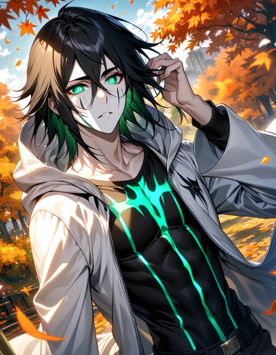 Ultra detailed, Highres, absurdres, HDR, Ulquiorra Cifer, black hair, expressive green eyes, white coat with patterns with a hoddie, Bleach, orange flowers, petals, handsome, sexy man, solo, very detailed eyes and face, butterflies, black tight t-shirt, master piece, toned chest, orange leaves, autumn, pale skin, glittering