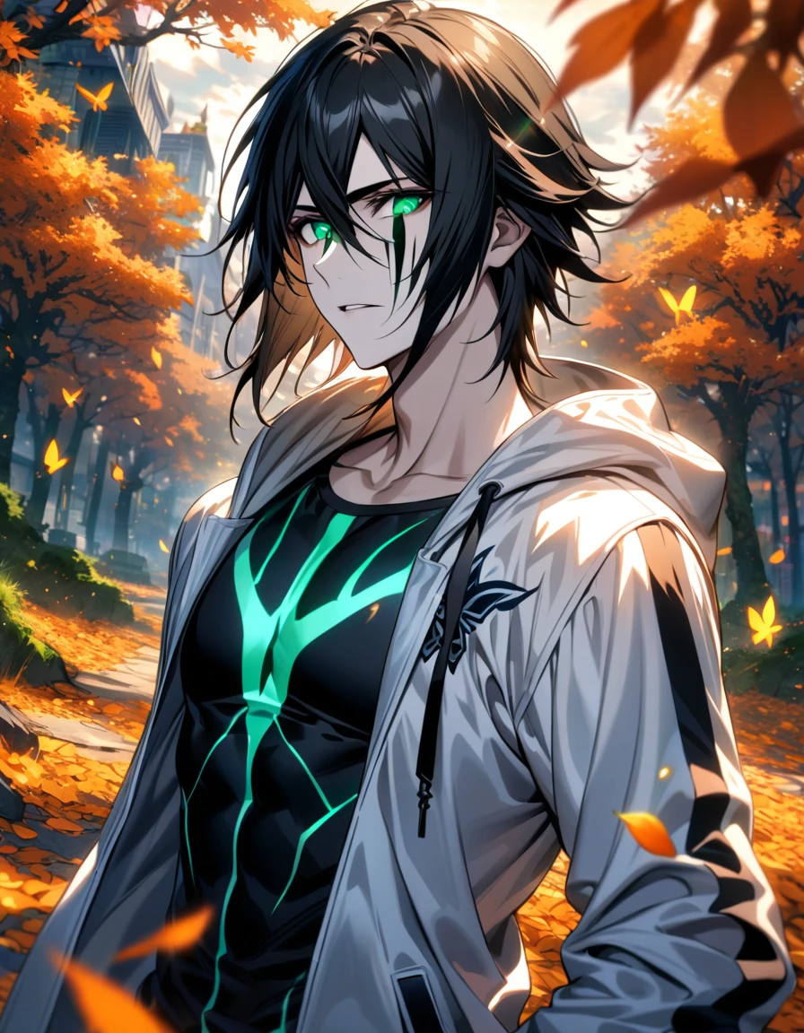 Ultra detailed, Highres, absurdres, HDR, Ulquiorra Cifer, black hair, expressive green eyes, white coat with patterns with a hoddie, Bleach, orange flowers, petals, handsome, sexy man, solo, very detailed eyes and face, butterflies, black tight t-shirt, master piece, toned chest, orange leaves, autumn, pale skin, glittering