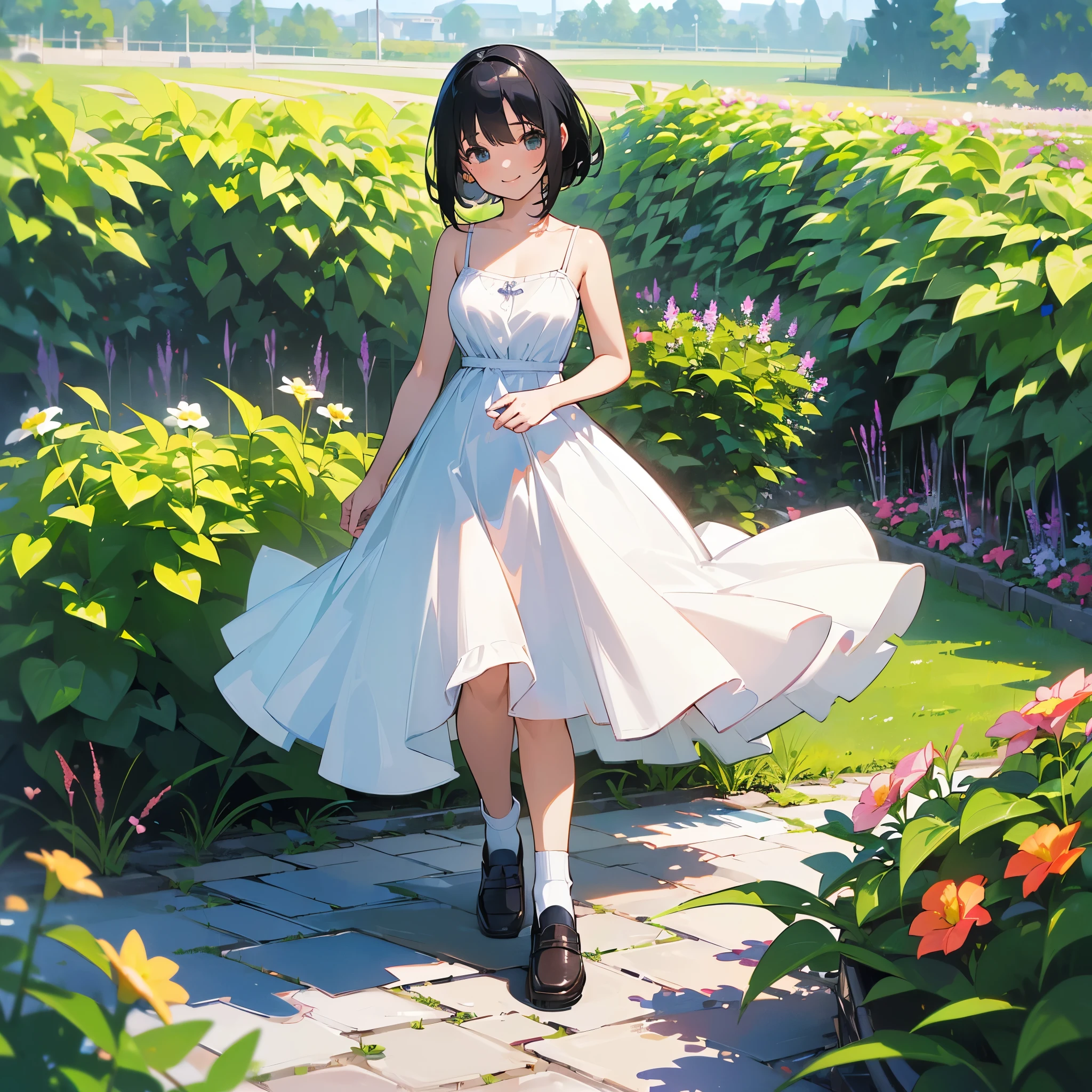 (high quality, High resolution, Very detailed, reality:1.37), Peaceful atmosphere, (Outdoor, garden), Teenage girl standing alone, (my breasts are big.), Beautiful details, Cute Smile, (Black bob hair), White camisole dress, socks, loafers.