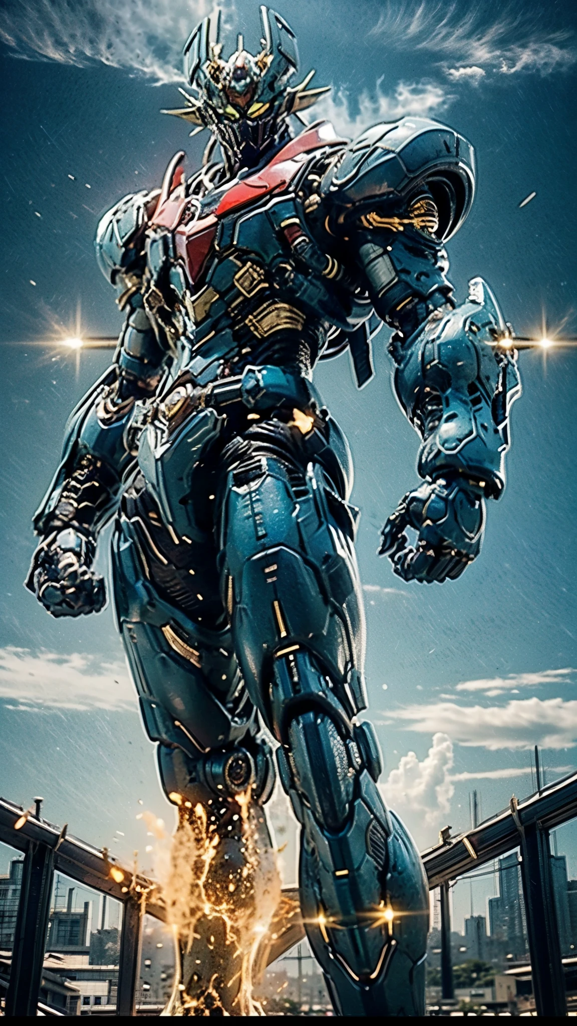 A man wearing a full-face helmet, a fantasy-style biotech armored combat suit, green eyes, (a composite layered chest armor), fully enclosed shoulder guards, matching arm and leg guards, the belt is adorned with Z mark, (the color scheme is primarily white with red and blue accents), the design balances heavy with agility, a high-tech bio-mecha armor, (Armor Concept Inspired by Mazinger Z, stand on the top of a skyscraper in a futuristic sci-fi city), this character embodies a finely crafted fantasy-surreal style armored hero in anime style, exquisite and mature manga art style, (battle damage, element, plasma, energy, the armor glows), ((male:1.5)), metallic, real texture material, dramatic, high definition, best quality, highres, ultra-detailed, ultra-fine painting, extremely delicate, professional, perfect body proportions, golden ratio, anatomically correct, symmetrical face, extremely detailed eyes and face, high quality eyes, creativity, RAW photo, UHD, 32k, Natural light, cinematic lighting, masterpiece-anatomy-perfect, masterpiece:1.5