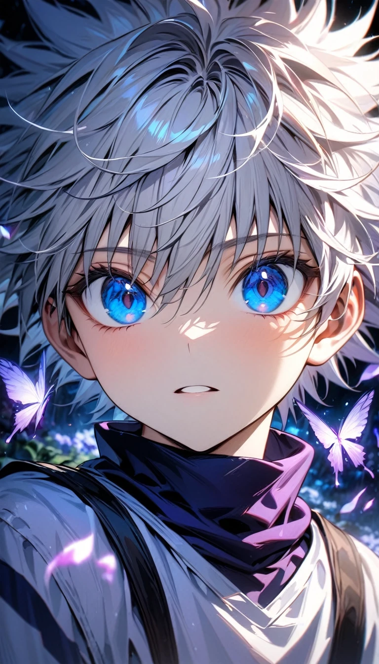 absurdres, highres, ultra detailed, HDR, masterpiece, extremely detailed face and eyes, Killua Zoldyck, white hair, expressive blue eyes, Hunter x Hunter, solo, boy, handsome, white shirt, purple butterflies, purple petals, purple flowers, blue lightning