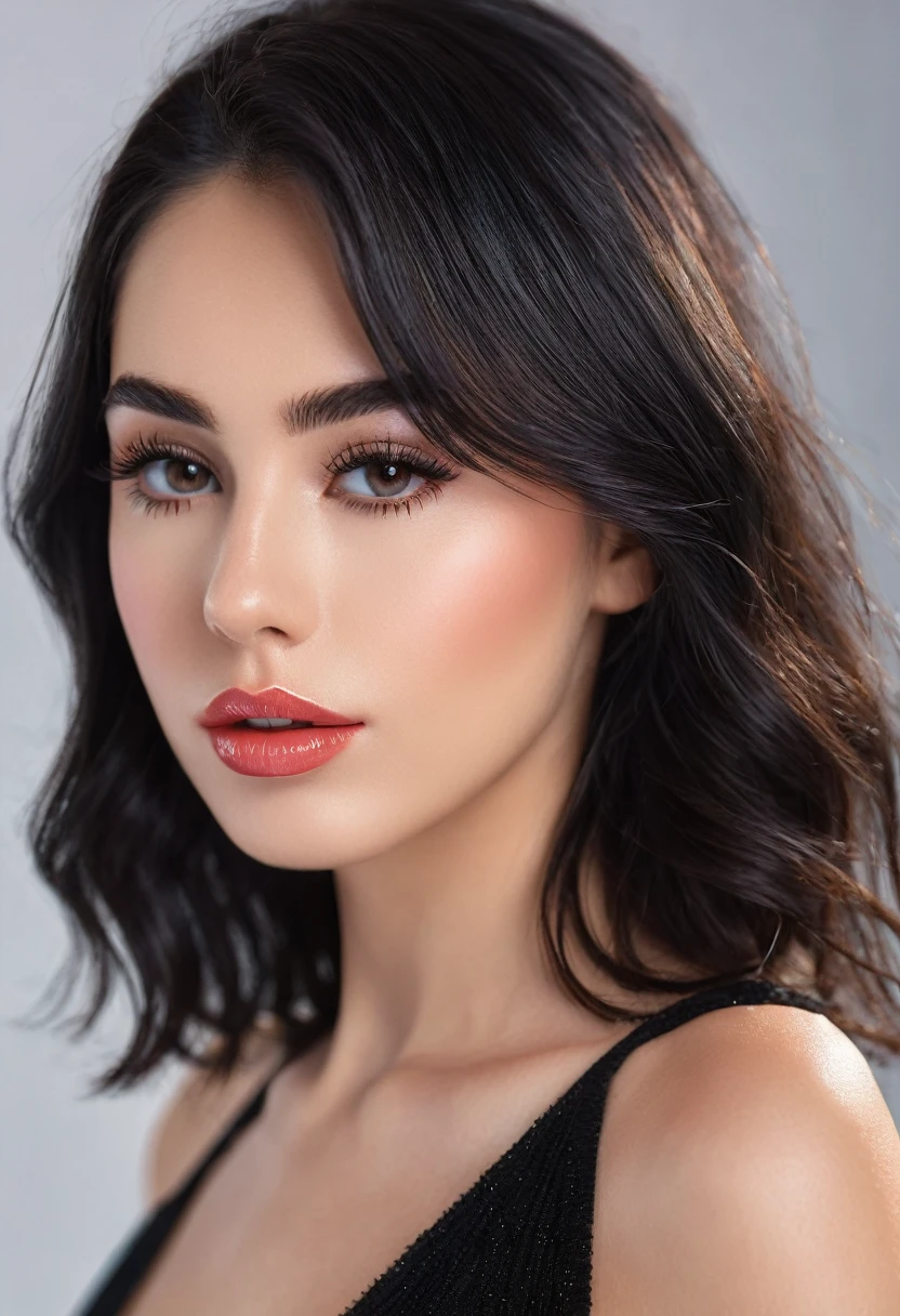 8k, RAW Photo, Photorealistic: 1.25), (Lip Gloss, Eyelashes, Glossy Face, Glossy Skin, Best Quality, Ultra High Resolution, Depth of Field, Chromatic Aberration, Caustics, Moisturized Lips, Ultra-Trimmed Face, Radiant Detailed Eyes, Black Hair, Semi-Long, Fashionable, Tight Knit Dress, Sheer
