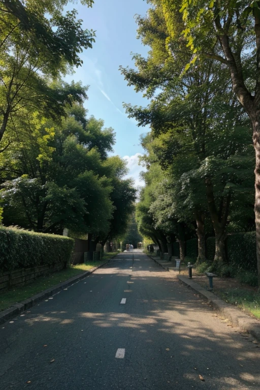 on a sunny morning, you are jogging on a small road. On the left and right of the lane there are trees of various shapes and sizes
