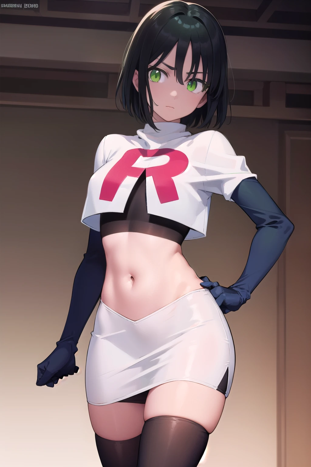fubuki, fubuki, black hair, (green eyes:1.5), short hair,
BREAK jewelry, team rocket,team rocket uniform,white skirt,red letter R,crop top,black thigh-highs,black elbow gloves,
BREAK looking at viewer,
BREAK (masterpiece:1.2), best quality, high resolution, unity 8k wallpaper, (illustration:0.8), (beautiful detailed eyes:1.6), extremely detailed face, perfect lighting, extremely detailed CG, (perfect hands, perfect anatomy),
