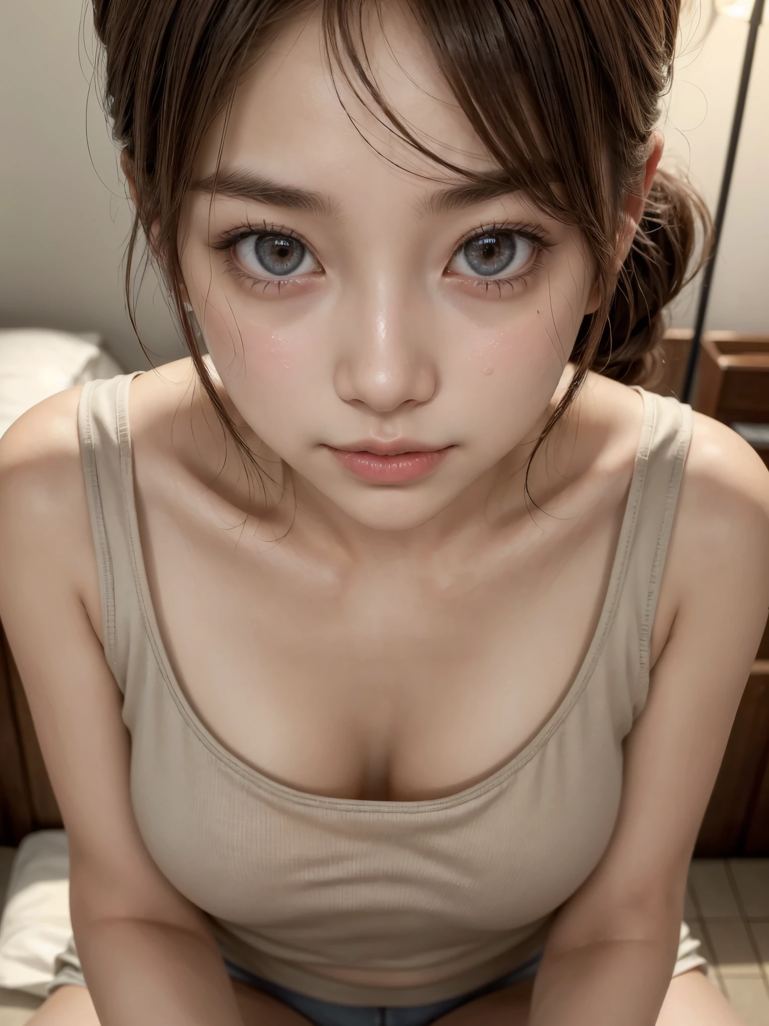 ((Top image quality、8K、​masterpiece：1.3))、Realistic high-quality photos、top-quality、girl cute-fine face、22 year old beautiful Japan girl、Photo of slim  model、Beautiful girl model、young japanese girl、Young cute face、japanaese girl、Beautiful Model Girl、The innocent look of the girl next door、lovely delicate face、Brown hair、Beautiful brown eyes、Tear bag、drooing eyes、young body、cleavage,[[Cameltoe]],Toned and glamorous body,(Tank Tops:1.3),(Hot Pants:1.3),Ponytail,Brown hair,Smirk,(Sweat in the chest),Looking at Viewer