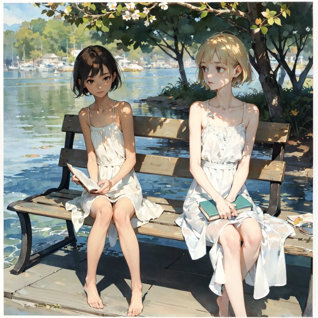 Exquisite (slim (skinny)) Girl 16 years old (with a perfect, very beautiful gentle face and almond-shaped eyes) (with a southern skin tone and soft lips) (with short amber hair) (with freckles) (in a light summer green sundress) ((barefoot)) (on the pier on a bench) (Reading a book) (Under a flowering tree), (there is a small old travel suitcase on the ground nearby), soft amber evening light, warm sun, gentle waves, mint and peach shades; draw ((in watercolor style)); ((very beautiful exquisite face)); (high image quality, high detail), ((discreet faded shades, pale expressionless colors, imitation of film photography, diffused soft light)); ((big alien eyes), skinny); ((delicate shades)), ((beautiful exquisite feet))