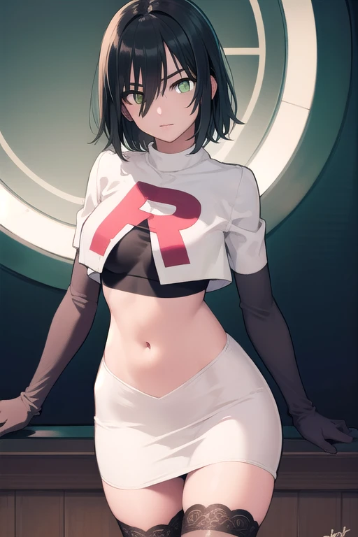 fubuki, fubuki, black hair, (green eyes:1.5), short hair,
BREAK jewelry, team rocket,team rocket uniform,white skirt,red letter R,crop top,black thigh-highs,black elbow gloves,
BREAK looking at viewer,
BREAK (masterpiece:1.2), best quality, high resolution, unity 8k wallpaper, (illustration:0.8), (beautiful detailed eyes:1.6), extremely detailed face, perfect lighting, extremely detailed CG, (perfect hands, perfect anatomy),