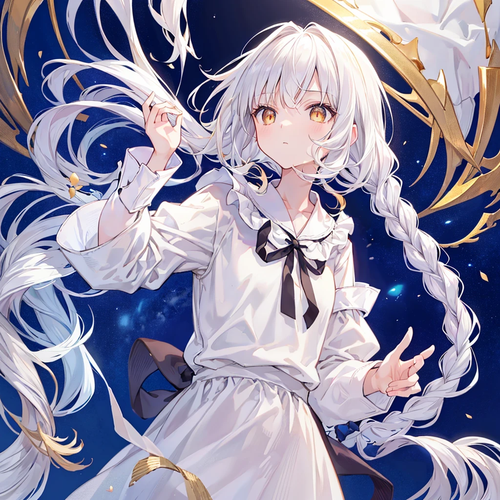 Best Quality, masutepiece,White hair, Gold eyes,White clothes, Looking Up, Upper body,Strands of hair,Fair skin,side braids