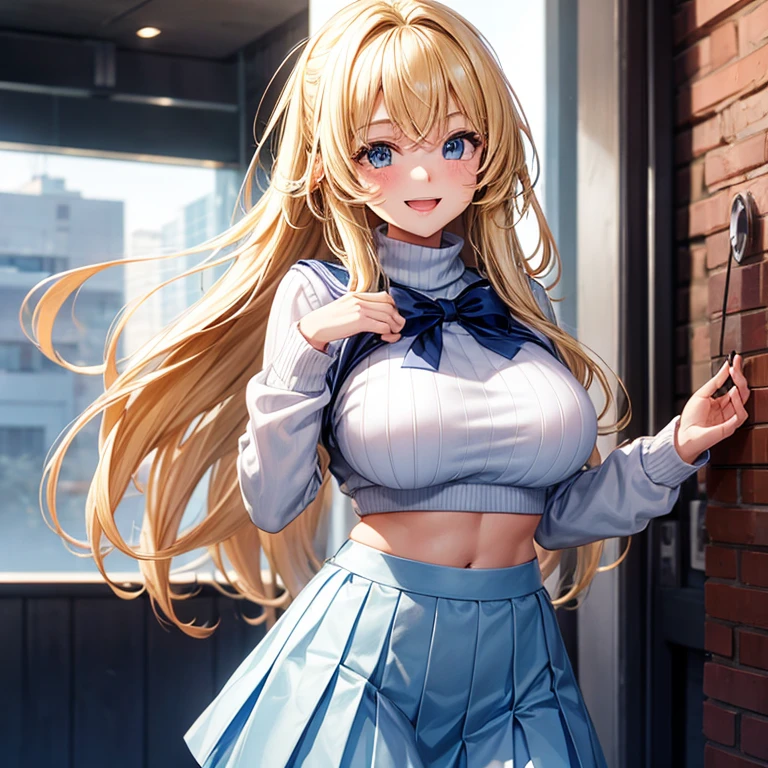 Teenager, woman, blonde, cute, big , uniform, happy smile, thin waist, white shirt, blue skirt, sweater navy blue, 