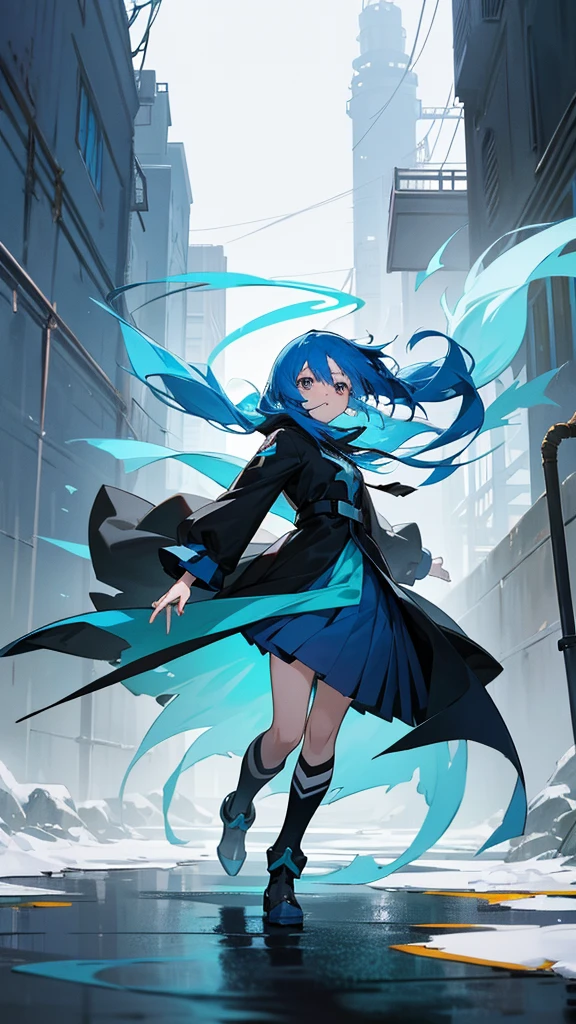 A woman with blue hair and a black coat standing in an alley, rimuru tempest, 「Anime Girls, 「Beautiful Anime Woman, 青緑色の髪のAnime Girls, by Kamaguruka, artstation pixivでトレンド, rimuru, Anime Moe Art Style, mikudayo, Front shot of Rimuru Tempest, Kantai Collection Style