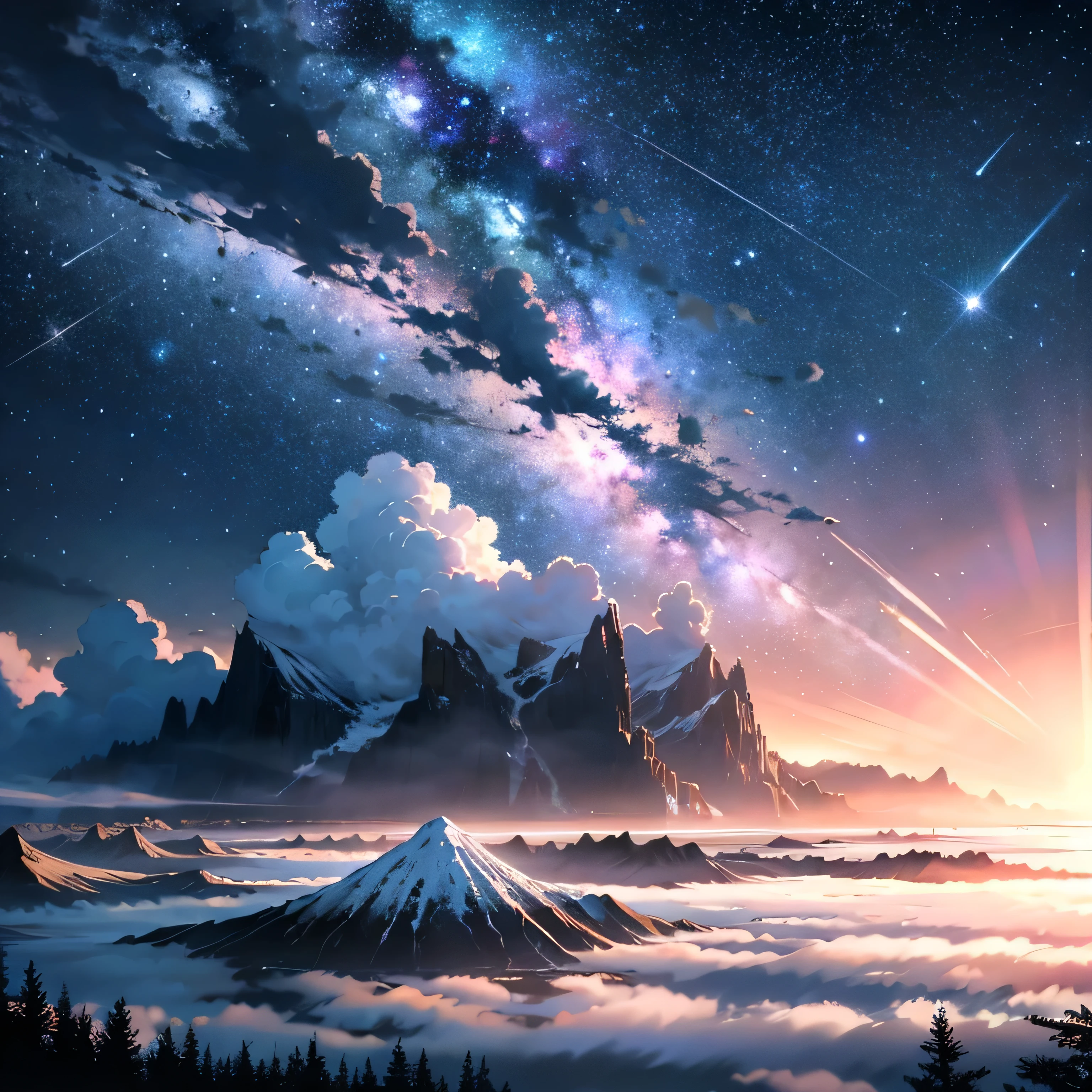 Majestic Expansive Sky: Embrace the boundless vastness of the night sky, generously filling the frame with the twinkling stars and dazzling shooting stars, their ethereal trails tracing dynamic arcs that exude movement and awe-inspiring energy.
Vibrant Dynamic Shooting Stars: Seize the fleeting moment as the shooting stars streak across the sky, capturing their luminous trajectories in all their breathtaking splendor, creating a mesmerizing illusion of motion and cosmic wonder.
Tranquil Serene Landscape: Integrate a serene and tranquil landscape, perhaps distant, mist-shrouded mountains or a serene