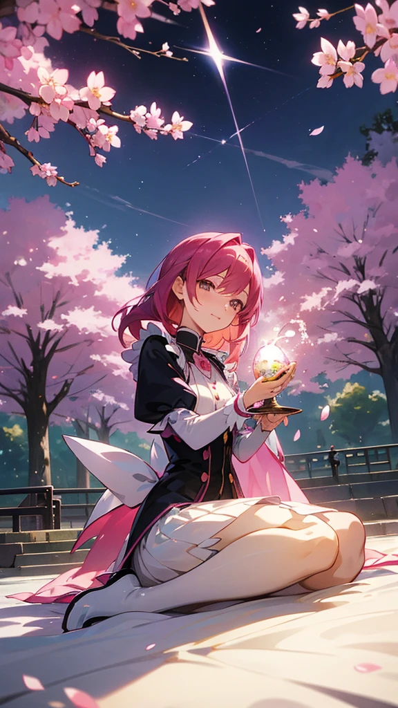 A cartoon character sitting on a blanket in a park with cherry blossom trees, East project, East, from East, East character, East project official artwork, Madoka Magica, Rorish, Magical Forest Maid, Macross Delta, Light novel cover, isekai, Nightcore, Umineko, Magical World, Idol Master