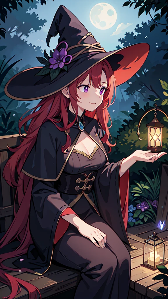 A red-haired sorceress with mesmerizing eyes and enchanting lips stands in a magical night garden, her fingertips reaching out for a crow. The scene is bathed in a mysterious glow, with soft moonlight casting shadows on the lush foliage surrounding her. The witch is dressed in a flowing robe adorned with intricate patterns, representing her powerful connection to the arcane arts. The crow, with feathers as dark as the night, perches on a twisted branch, its eyes filled with intelligence and mischief. As the sorceress extends her hand, a subtle swirl of vibrant red and purple magic begins to envelop her and the crow, hinting at the immense power she possesses. The atmosphere is filled with an air of both danger and intrigue, as if the witch is about to embark on an epic quest in a mystical RPG adventure. The artwork is of the highest quality, with an emphasis on ultra-detailed elements, realistic textures, and vivid colors. The lighting is carefully crafted to create a sense of depth and drama, with moonlight casting delicate highlights and shadows on the witch and her surroundings. This prompt promises to generate a masterpiece, capturing the essence of witchcraft and the allure of a sorceress immersed in a world of magic and mystery., smiling