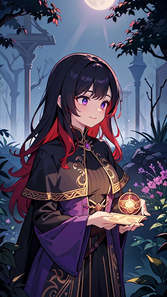 A red-haired sorceress with mesmerizing eyes and enchanting lips stands in a magical night garden, her fingertips reaching out for a crow. The scene is bathed in a mysterious glow, with soft moonlight casting shadows on the lush foliage surrounding her. The witch is dressed in a flowing robe adorned with intricate patterns, representing her powerful connection to the arcane arts. The crow, with feathers as dark as the night, perches on a twisted branch, its eyes filled with intelligence and mischief. As the sorceress extends her hand, a subtle swirl of vibrant red and purple magic begins to envelop her and the crow, hinting at the immense power she possesses. The atmosphere is filled with an air of both danger and intrigue, as if the witch is about to embark on an epic quest in a mystical RPG adventure. The artwork is of the highest quality, with an emphasis on ultra-detailed elements, realistic textures, and vivid colors. The lighting is carefully crafted to create a sense of depth and drama, with moonlight casting delicate highlights and shadows on the witch and her surroundings. This prompt promises to generate a masterpiece, capturing the essence of witchcraft and the allure of a sorceress immersed in a world of magic and mystery., smiling