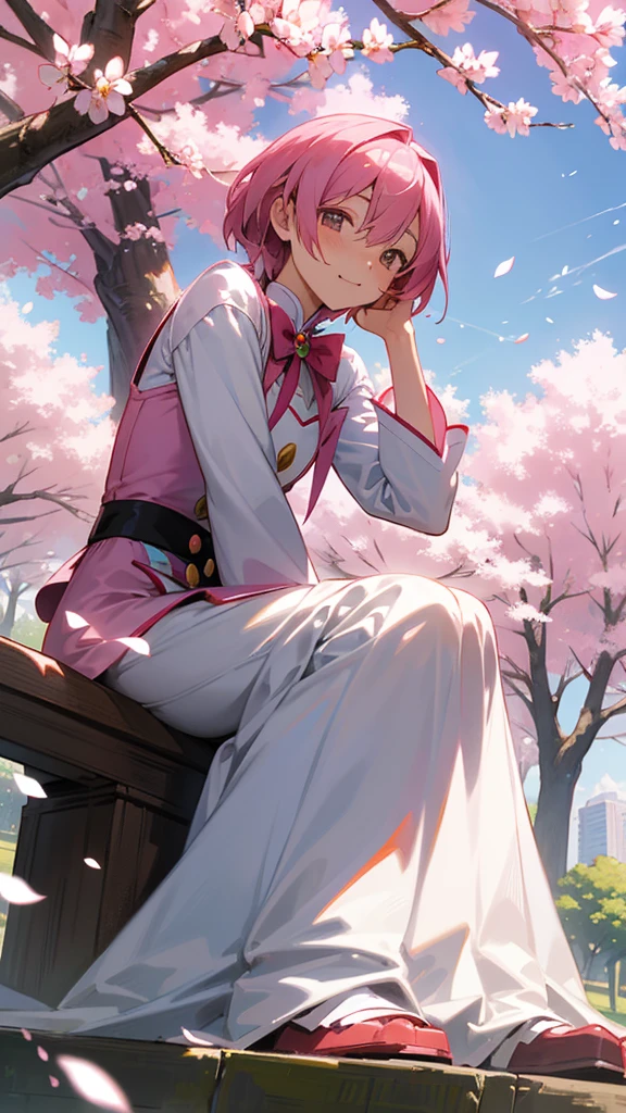 A cartoon character sitting on a blanket in a park with cherry blossom trees, picture:Burning, Pixiv, Self-sastructing art, East project, East, from East, East character, East project official artwork, Madoka Magica, Rorish, Magical Forest Maid, Macross Delta, Light novel cover, isekai
