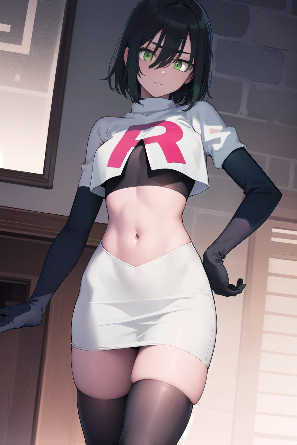 fubuki, fubuki, black hair, (green eyes:1.5), short hair,
BREAK jewelry, team rocket,team rocket uniform,white skirt,red letter R,crop top,black thigh-highs,black elbow gloves,
BREAK looking at viewer,
BREAK (masterpiece:1.2), best quality, high resolution, unity 8k wallpaper, (illustration:0.8), (beautiful detailed eyes:1.6), extremely detailed face, perfect lighting, extremely detailed CG, (perfect hands, perfect anatomy),