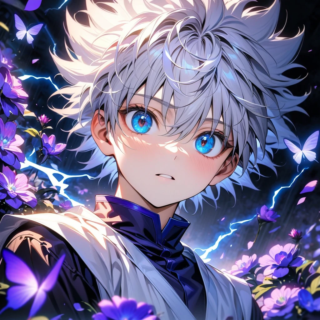 absurdres, highres, ultra detailed, HDR, masterpiece, extremely detailed face and eyes, Killua Zoldyck, white hair, expressive blue eyes, Hunter x Hunter, solo, boy, handsome, white shirt, purple butterflies, purple petals, purple flowers, blue lightning