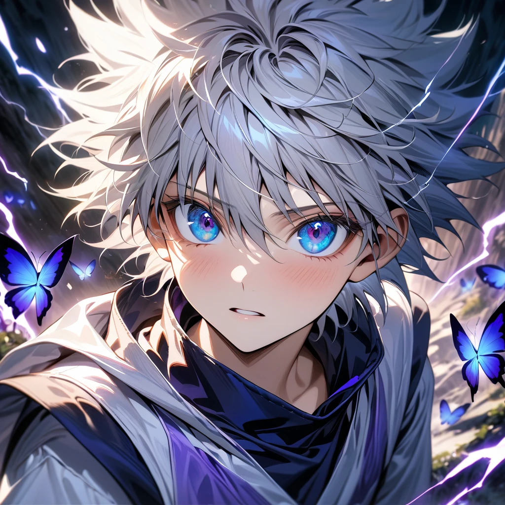absurdres, highres, ultra detailed, HDR, masterpiece, extremely detailed face and eyes, Killua Zoldyck, white hair, expressive blue eyes, Hunter x Hunter, solo, boy, handsome, white shirt, purple butterflies, purple petals, purple flowers, blue lightning