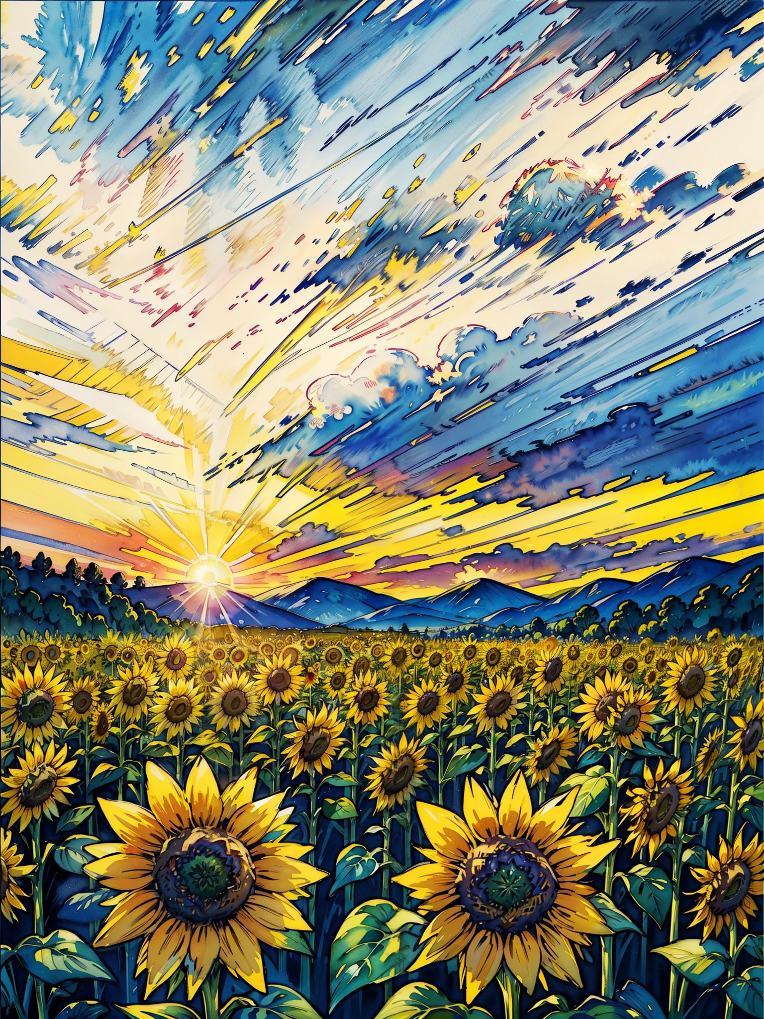 a painting of a field of sunflowers at sunset, sunflower field, scene: sunflower field, scene : sunflower field, colors : yellow sunflowers, colors: yellow sunflowers, field of sunflowers, sunflowers, sunflowers in the background, sunflower background, a watercolor painting, watercolor colored painting, detailed watercolor painting, watercolor detailed art, botanic watercolors, vibrant watercolor painting, colorful watercolor painting