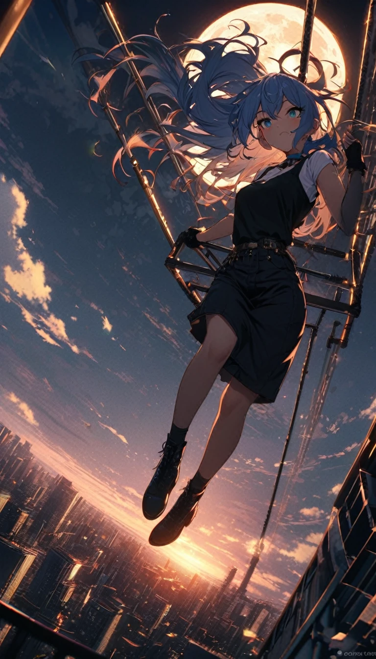 highest quality,1girl,suisei hoshimachi,hololive, Super quality, 16k, Incredibly absurd, Very detailed, Beautiful woman sitting on a trapeze suspended between two skyscrapers, Gazing into the distance, Wear a loose long T-shirt, Captivating look, Wind, Wind-effect, moonlit nightscape, (Nice views:1.1) , Clockpunk