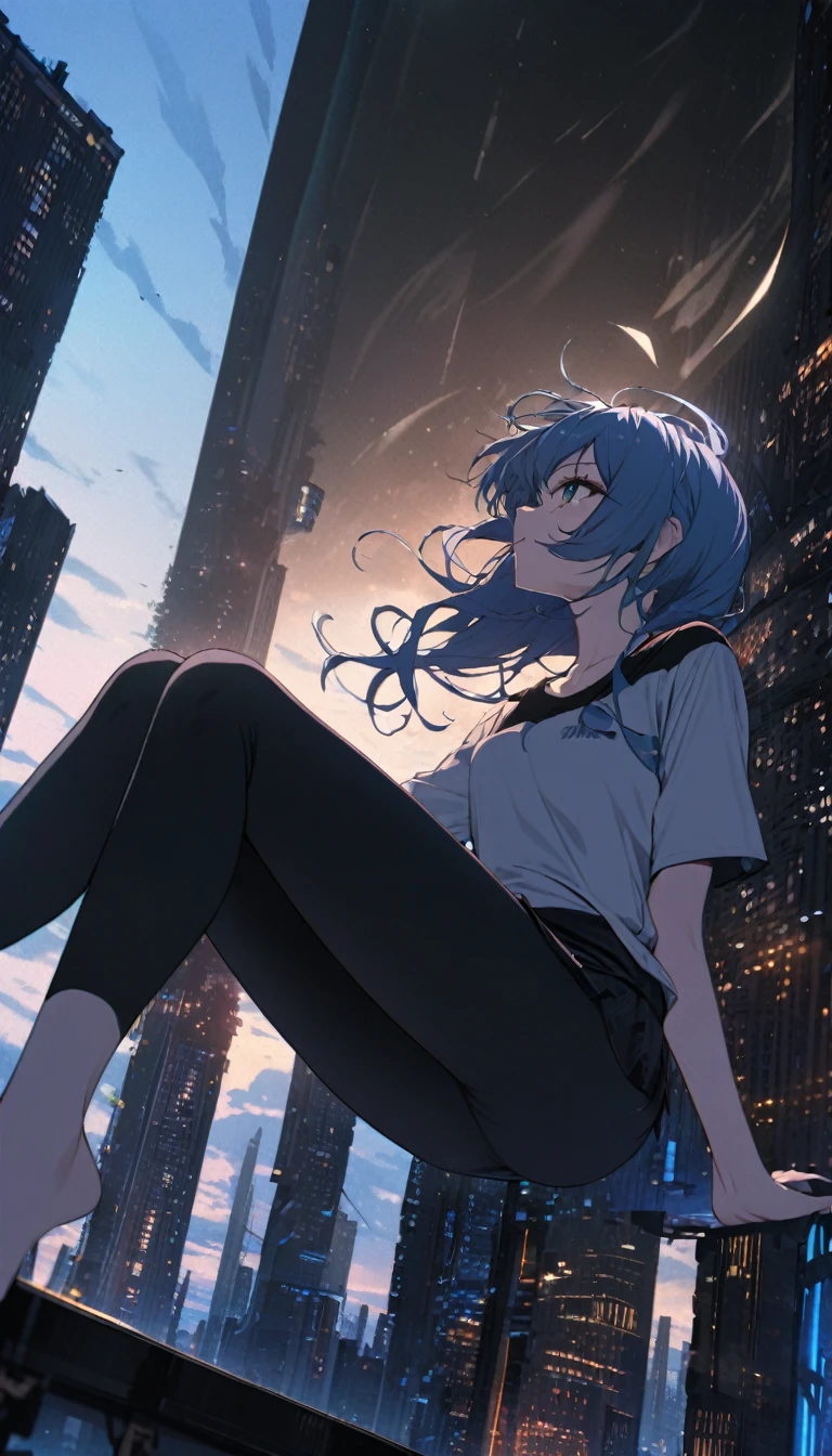 highest quality,1girl,suisei hoshimachi,hololive, Super quality, 16k, Incredibly absurd, Very detailed, Beautiful woman sitting on a trapeze suspended between two skyscrapers, Gazing into the distance, Wear a loose long T-shirt, Captivating look, Wind, Wind-effect, moonlit nightscape, (Nice views:1.1) , Clockpunk