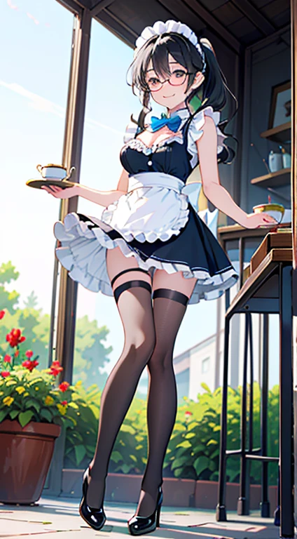 (best quality, masterpiece), (ultra high resolution, 8K RAW photo, photo realistics:1.5, textile shading, thin outline, clear focus:1.2), Beautuful Matured woman preparing tea-time in the garden kitchen, (tea set, tea pot, tea cups, some Strawberry cakes on dish), classy art deco style table, wearing light_blue maid uniform, breast cleavage:1.2, maid costume:1.2, mini flare skirts, apron, bow ties on thechest, long tall sally, long legs, long silverblack hair, (wearing thin-flame glasses:1.3),cleavage:1.1, black thighhighs, thigh strap, pretty girl, (highly detailed beautiful face and eyes,firm breasts),((black hair,long pony tail hair)),sexy and lovely pose, detailed eyes, (milf:1.2, 22 years old, solo), (small breast, big tits, narrow waist), side lock, asymmetric hair, wavy hair), (bright pupils, detailed eyes, high detailed face, Perfect face shape, eye rush), (seductitve smiling, half-closing eyes), (with sparkling eyes and a contagious smile), (looking at viewers:1.3), (dynamic angle, full body, from below:1.2), ((correct anatomy:1.5, correct hands)), (ideal ratio of body proportions), (outdoor:1.2, grass field),A scene of cooking in the kitchen