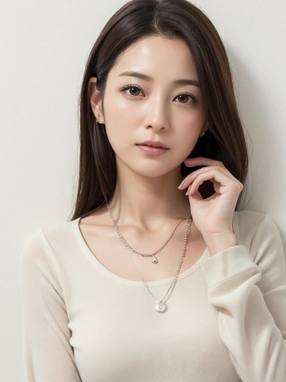 (Highly realistic photos, High resolution, Detailed face, Fine Eyes), ((Photographed in front of a white wall))、Japanese women, 40 years old, various expressions, alone:1, Slim figure, Various Hair Styles, Casual clothing, There is only one person in the photo、Long sleeve dress、Photographed in natural light、Simple Necklace、Spring Clothes、Don&#39;Don&#39;t look at the camera、profile、Dark brown hair color、Bob Hair、Hands are not visible