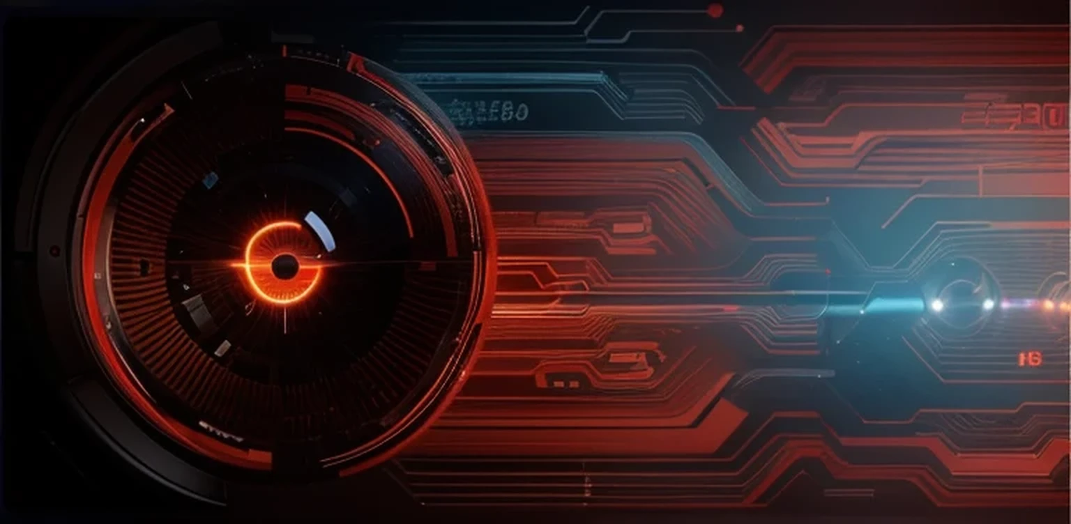 red and yellow digital iris rounded eye made on computer codes cast in blue and red cyberspace surrounded by binary numbers, 4k