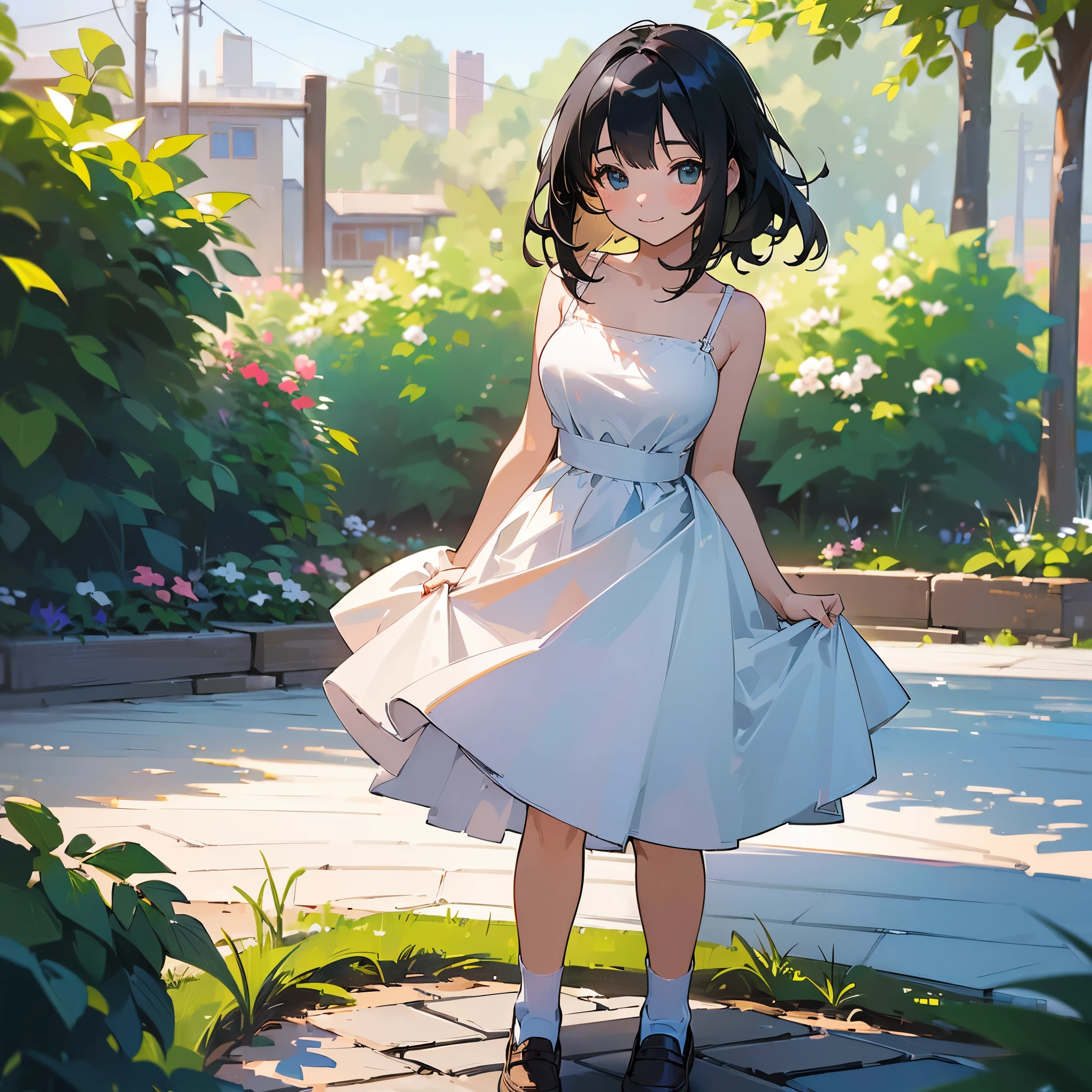 (high quality, High resolution, Very detailed, reality:1.37), Peaceful atmosphere, (Outdoor, garden), Teenage girl standing alone, (my breasts are big.), Beautiful details, Cute Smile, (Black bob hair), White camisole dress, socks, loafers.