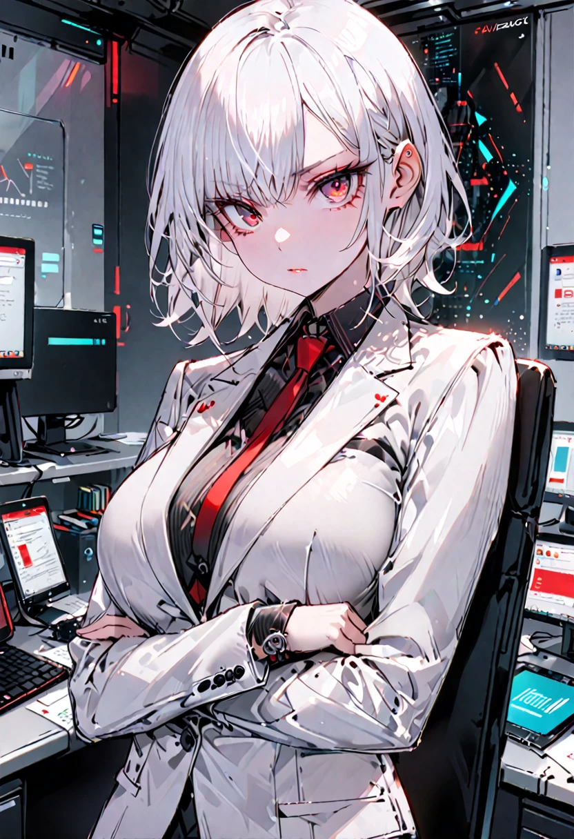 solo, female, tall, red eyes, short white hair, ceo, black business suit, fashionable suit, office, bored, bored pose, large breasts, futuristic:0.7
