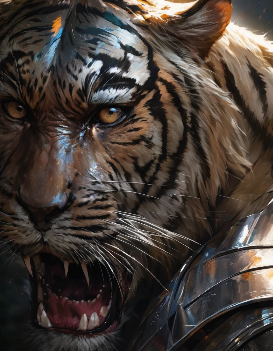 a man with a mustache in silver armor fighting with a tiger, (best quality, highres:1.2), ultra-detailed, realistic, portraits, vibrant colors, dramatic lighting