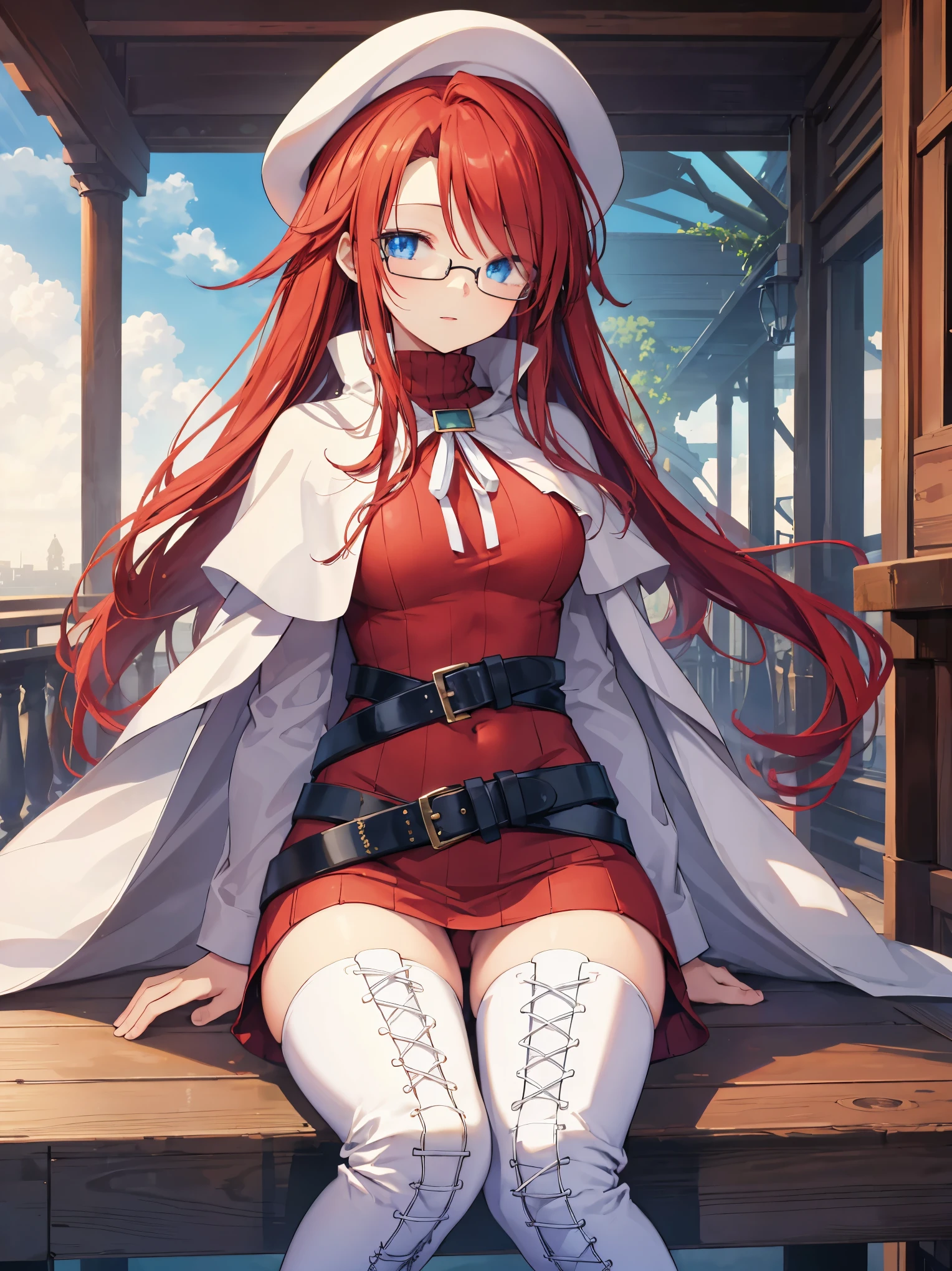 pov,(nsfw:1.2),summonnightaty, aty, (young:1.3),long hair, blue eyes, red hair, large_beret, hat, glasses,
BREAK long hair, thighhighs, hat, dress, boots, glasses, belt, cape, sweater, zettai ryouiki, beret, thigh boots, white footwear, ribbed sweater, loose belt,solo,
BREAK outdoors, fantasy,on_the_ship,on_the_ship's_railing
,
BREAK (masterpiece:1.2), best quality, high resolution, unity 8k wallpaper, (illustration:0.8), (beautiful detailed eyes:1.6), extremely detailed face, perfect lighting, extremely detailed CG, (perfect hands, perfect anatomy),covered_nipples,covered_navel,light_smile ,(half_eyes:1.4),sword,armpit,sleepy,dynamic_sitting,barrel,red_sweater,apart_legs,magical_effect,spread_legs, have_a_book,open_mouth,teacher,