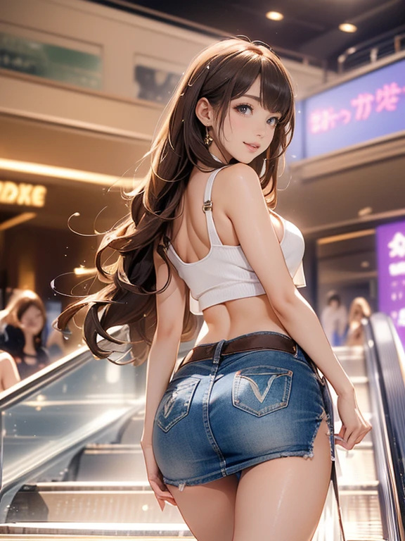 ((Extreme exposure))(High-definition image quality)極Realistic skin texture、High definition face(brown、Very long straight hair、Hair behind the ear、Beautiful moist brown hair、Smooth Hair)((Bright smile、Embarrassed expression))、Gaze(sexyな25歳の女の子、Idol Makeup、Eyeliner)(Fair skin)(Sparkling eyes)Smooth Skin、Realistic skin texture ((Oversized Tank Top、Short length、Cleavage、Super big boobs)) ((Extremely short denim miniskirt、damage、Super tight、small、Ultra low rise))))A well-proportioned and perfect body、Beautiful armpits、On the position of the chest、Round big breasts、Beautiful valley、Ultra-thin waist、Waistline、Long legs、Glitter High Heels((((Shopping Centre、Take the escalator、Backwards))))(((((sexy、Medium full shot from below and behind))))))View angle from below