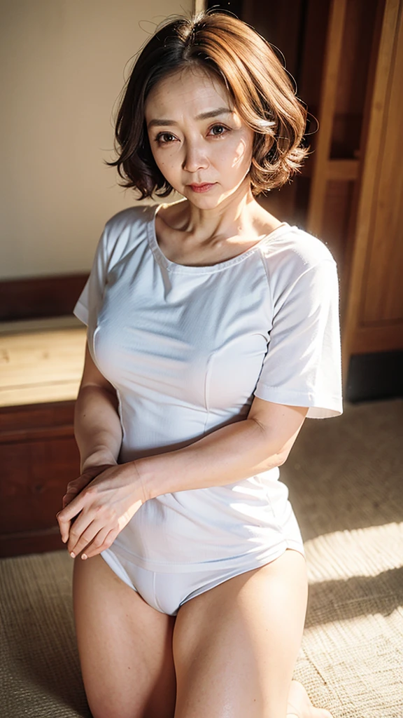 (highest quality、masterpiece、detailed、High resolution、8K、Photorealistic、Sharp focus、High-level image quality)
(Plain background、Professional Lighting、非常にdetailedな、Depth of written boundary)
(Mature Woman、65 years old、Japanese、Beauty、housewife、Aunt、Elegant、美Mature Woman)、
(Full body image、Kneel、Looking up from below、looking at the camera、View your viewers)、
(Big Breasts、K-Cup Bust、Large areola、Erect nipples、,、Big Ass、Thick thighs、Loose body、Voluptuous body、Thick upper arms)、
(Perfect beautiful face、round face、Small face、Sharp jaw、Big Nose、Slit eyes、Cat-like eyes、Dimples、Wrinkles at the corners of the eyes、Dark circles in the eyes、Clear double eyelids、Nasolabial folds)、
(Anxious expression、A stern glare)、
(White T-shirt、White shorts、Tight Wear、Made from cotton)、
(short hair、Light brown、Rough perm waves、Show your forehead)、
(Exposed Skin、Bra and panties are visible)、