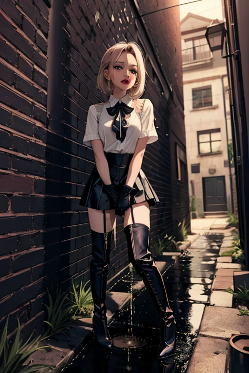 最high quality, high quality, High resolution, Beautiful woman, High detail, Good lighting, Obscene, transformation, (((Tight mini skirt))), (((Thigh-high boots))), Black Leather Gloves, Bare thighs, Bare arms, (((Incontinent))), (((Peeing))), (((Peeing on your own))), (Pee running down my legs), Pee stains, (puddle), (Thick thighs), Nice long legs, lipstick, Detailed face, Pretty face, Embarrassed and blushing face, Humiliated, ((In a wide alley)), Heherz、Garter belt and knee-high stockings