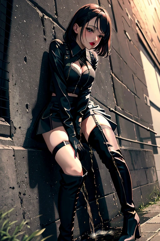 最high quality, high quality, High resolution, Beautiful woman, High detail, Good lighting, Obscene, transformation, (((Tight mini skirt))), (((Thigh-high boots))), Black Leather Gloves, Bare thighs, Bare arms, (((Incontinent))), (((Peeing))), (((Peeing on your own))), (Pee running down my legs), Pee stains, (puddle), (Thick thighs), Nice long legs, lipstick, Detailed face, Pretty face, Embarrassed and blushing face, Humiliated, ((In a wide alley)), Heherz、Garter belt and knee-high stockings
