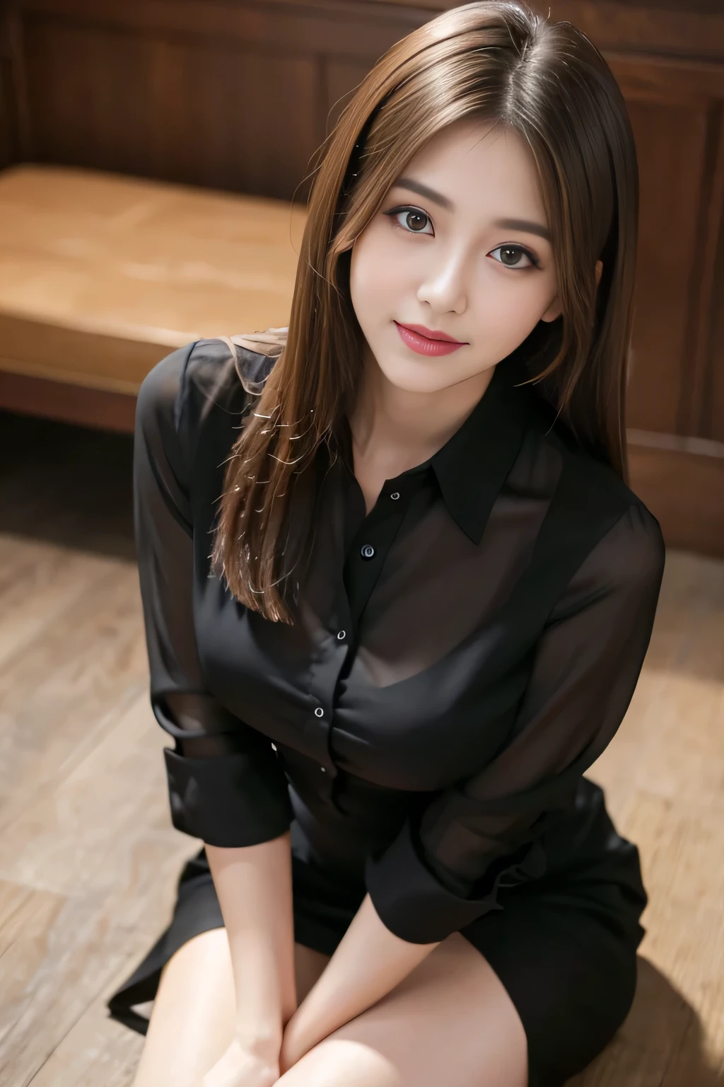 (RAW Photos), (Realistic), (masterpiece), (highest quality), High resolution, 8k, (Intricate details), (Volumetric Light), Portraiture, woman, Age 25, Medium Hair, Straight hair, Mid-chest, Layered Hair, Brown Hair, Very beautiful eyes, Source order, Very thin eyebrows, Very fine skin, Very beautiful mouth, Very nice nose, Cute like an idol, smile, (Thick lips), (Looking at the audience), (See-through black collared dress shirt), Above the knee shot