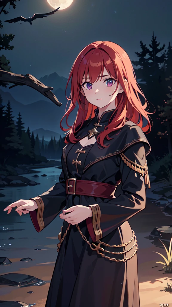 The prompt for Stable Diffusion generation is as follows:

"Witch,RPG,Sorceress,Magic,Red-haired Woman,reaching for a crow,night background,(best quality,4k,8k,highres,masterpiece:1.2),ultra-detailed,(realistic,photorealistic,photo-realistic:1.37),digital illustration,spooky atmosphere,dramatic lighting,vivid colors,moonlit scenery", 