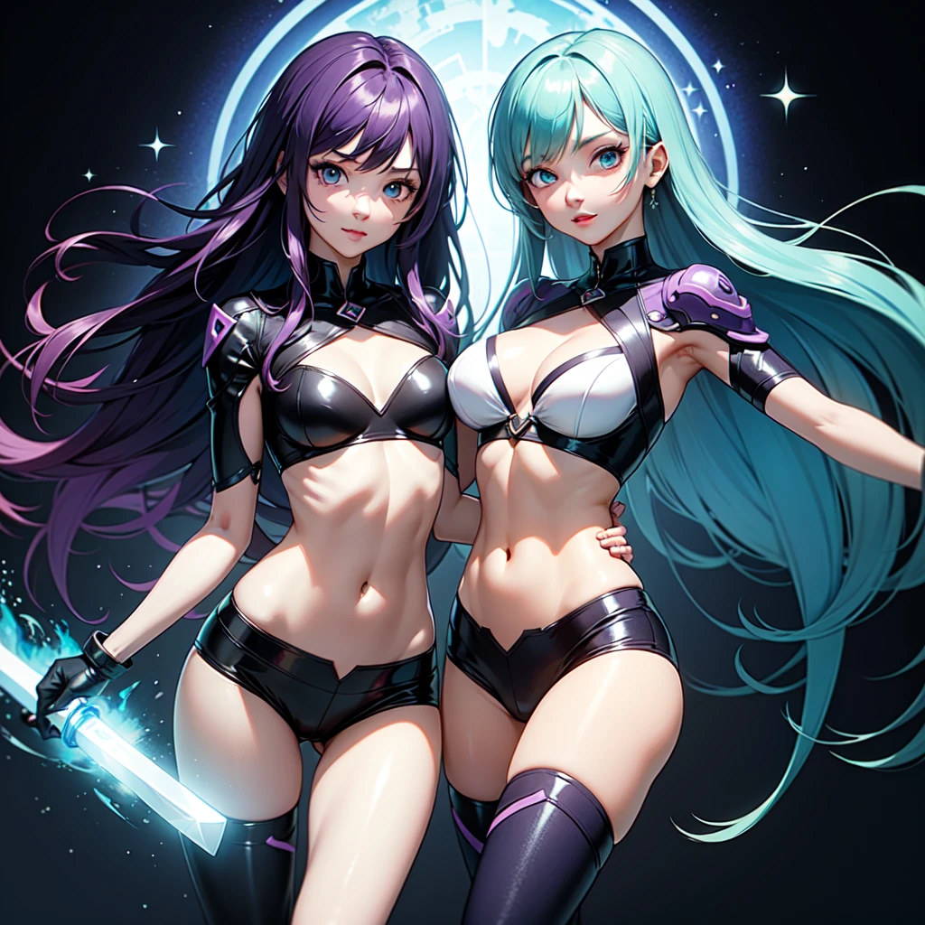 best quality, 32k, high-definition art, high resolution, ultra-detailed, extremely detailed, top quality, ultra quality, multiple girls, navel, 2girls, cleavage, medium breasts, intense action,
BREAK
a Cryptic Girl:(Purple White Gradient Long Hair:1.2),
BREAK
a SeaArt Girl:(Cyan Blue Tornado Hair:1.2),
BREAK
multiple girls, weapon, midriff, sword, cyber costume, SF costume, sparkle, flash, action pose, dynamic pose, action pose, heroic pose