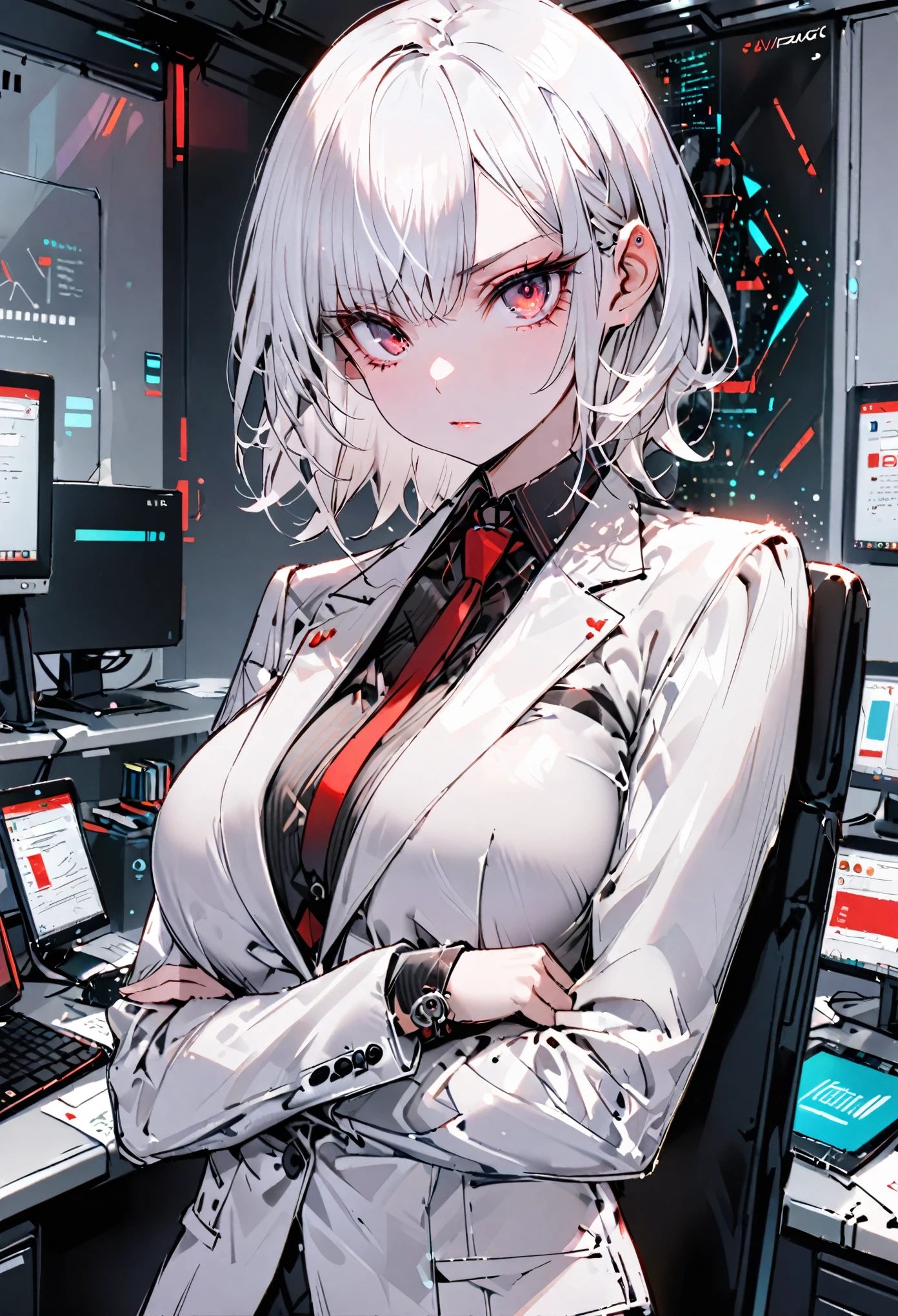 solo, female, tall, red eyes, short white hair, ceo, black business suit, fashionable suit, office, bored, bored pose, large breasts, futuristic:0.7