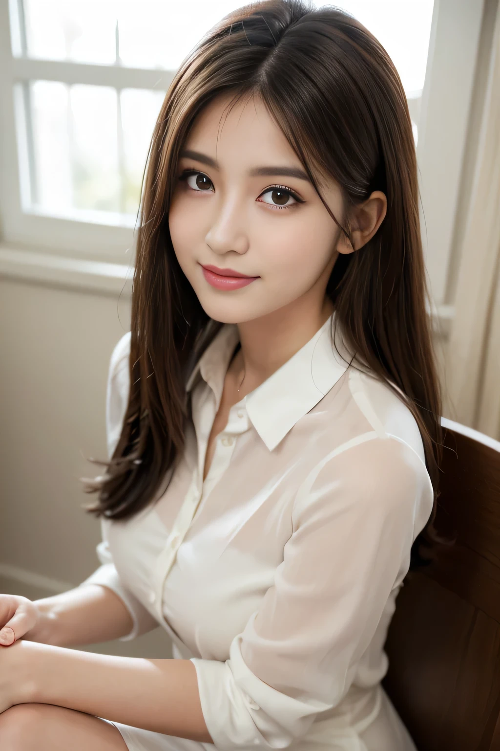 (RAW Photos), (Realistic), (masterpiece), (highest quality), High resolution, 8k, (Intricate details), (Volumetric Light), Portraiture, woman, Age 25, Medium Hair, Straight hair, Mid-chest, Layered Hair, Brown Hair, Very beautiful eyes, Source order, Very thin eyebrows, Very fine skin, Very beautiful mouth, Very nice nose, Cute like an idol, smile, (Thick lips), (Looking at the audience), (See-through collared dress shirt), Above the knee shot