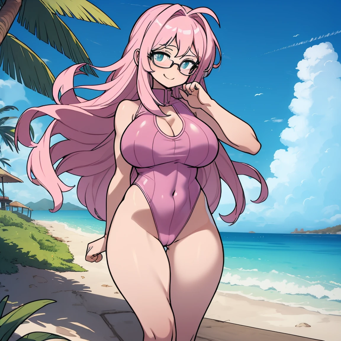 (masterpiece, best quality:1.2), cowboy shot, (solo), (1girl):1.5, glasses, long fluffy pink hair, hair blowing, gorgeous body, wide hips, slight smile, (very sexy and transparent leotard with navel exposed), musculous belly, gorgeous huge breasts, (pink breasts niples under very transparent leotard), (cameltoe), in front a palms in a windy beach, view form sea to beach.