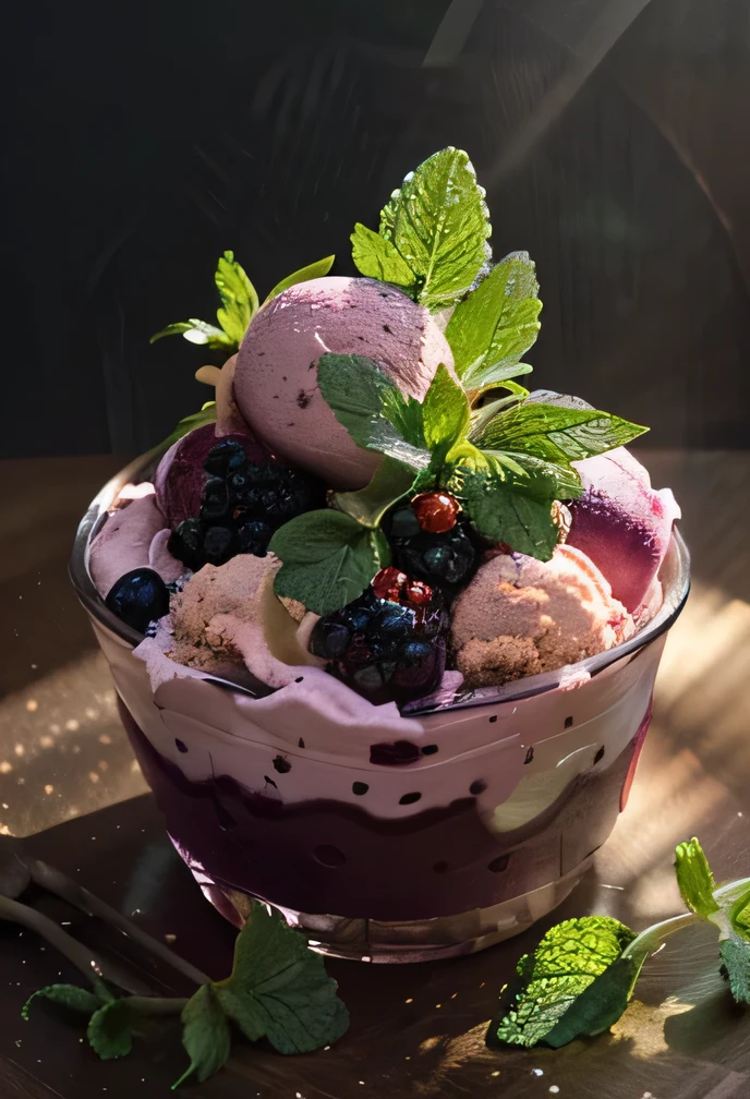 RAW photo, boysenberry ice cream, hot summer day, food photo, DSLR, fresh boysenberries and a mint sprig garnish, soft lighting, high quality, film grain, Fujifilm XT, photorealistic, masterpiece, best resolution, HDR, 8k, detailed,