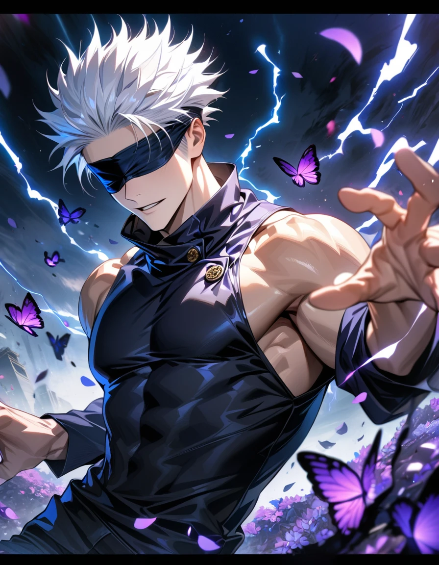 absurdres, highres, ultra detailed, HDR, masterpiece, extremely detailed face and eyes, Gojo Satoru, white hair, black blindfold over the eyes, Jujutsu Kaisen, solo, sexy man, handsome, black clothes, purple butterflies, purple petals, purple flowers, blue lightning