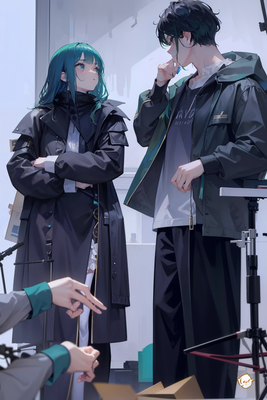 Focus on women, actress, filming, masterpiece, top quality, very beautiful, woman has green hair, gentle, acting, taking sound with microphone, man is using sign language, gentle expression, woman's hair is bright green, voice microphone, The man says in sign language that he is waiting.