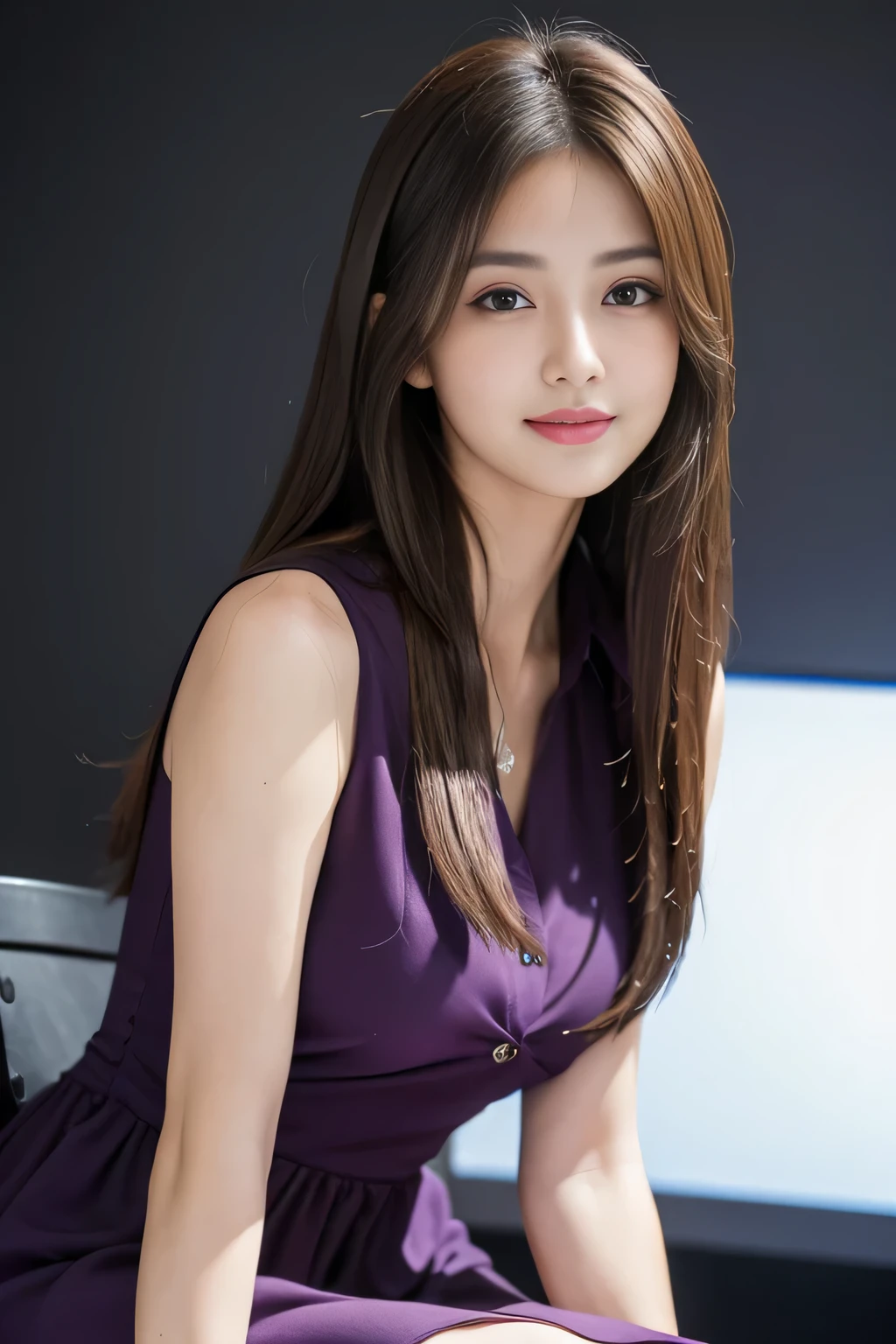 (RAW Photos), (Realistic), (masterpiece), (highest quality), High resolution, 8k, (Intricate details), (Volumetric Light), Portraiture, woman,Age 25, Medium Hair, Straight hair, Mid-chest, Layered Hair, Brown Hair, Very beautiful eyes, Source order, Very thin eyebrows, Very fine skin, Very beautiful mouth, Very nice nose, Cute like an idol, smile, (Thick lips), (Looking at the audience), (See-through dark purple collared dress shirt), Above the knee shot