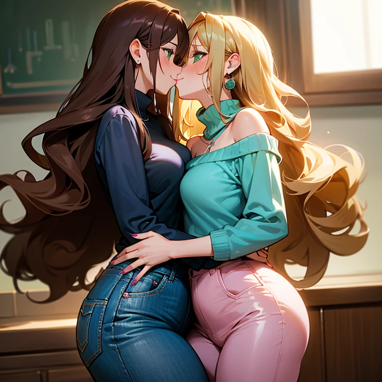 Two Girls, Girl 1: Big Breasts,cute,Beautiful fine details,Shiny Hair,See through the hair,Hair between the eyes, Brown Hair,blue eyes, Long Hair, thick, A kind smile, jeans, Blue Shirt, Girl 2: Blonde Hair, Curly Hair, Medium Hair, Green Eyes, Flower Earrings, Pink Nails, thick thighs, Small breasts, Big Hips, Pink off-the-shoulder sweater, Black Skirt, kissing, kiss