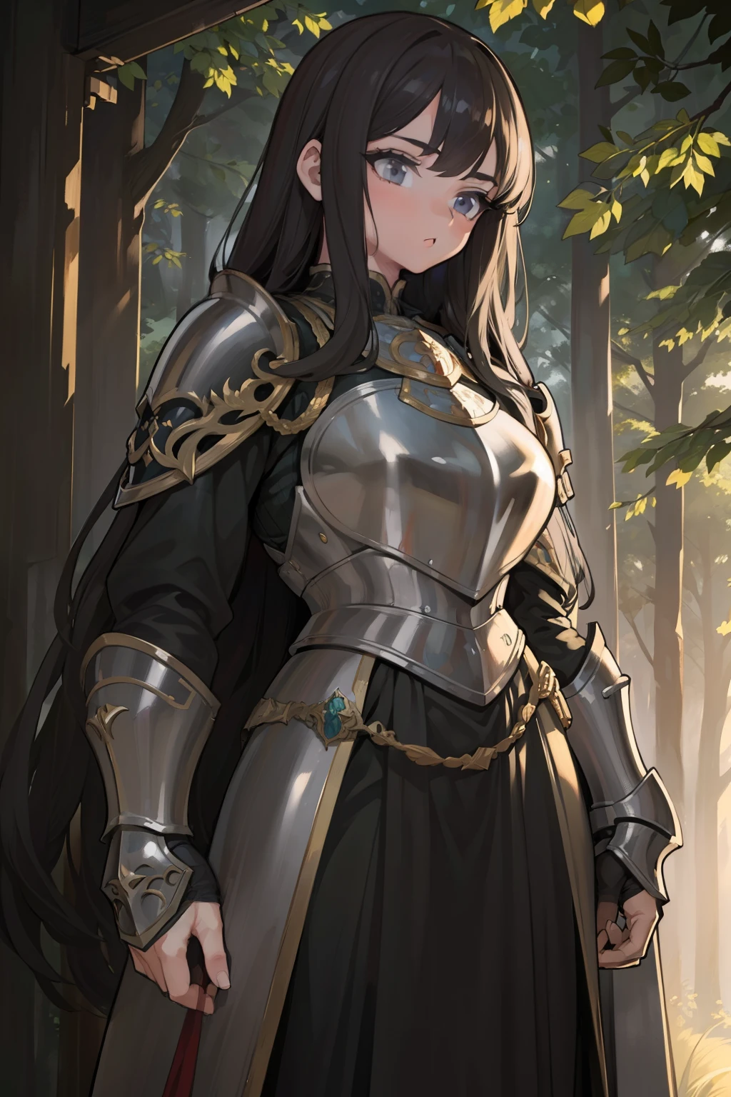 (best quality,4k,8k,highres,masterpiece:1.2),ultra-detailed,(realistic,photorealistic,photo-realistic:1.37),portrait,medieval,steel armor (shiny,reflective),mysterious,foreboding atmosphere,long sword,gloomy forest,tall trees with dense foliage,slightly foggy,majestic sunset lighting,solemn expression,powerful stance,shield (ornate,detailed),faint sound of rustling leaves,natural surroundings,peaceful yet dangerous,ancient aura,imposing presence